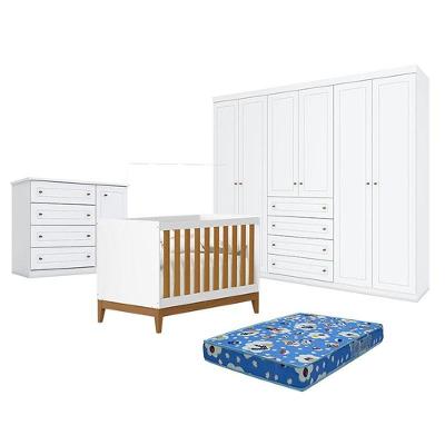 Quarto De Bebê Americano 6 Portas Com Berço Americano Flip Branco Acetinado Savana Reller E Colchão Ortobom - Henn