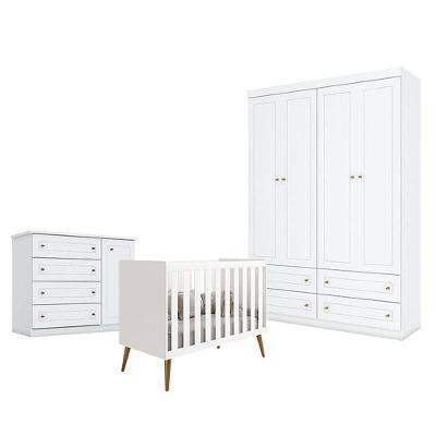 Quarto De Bebê Americano 4 Portas Com Berço Americano Isis Branco Acetinado Reller - Henn