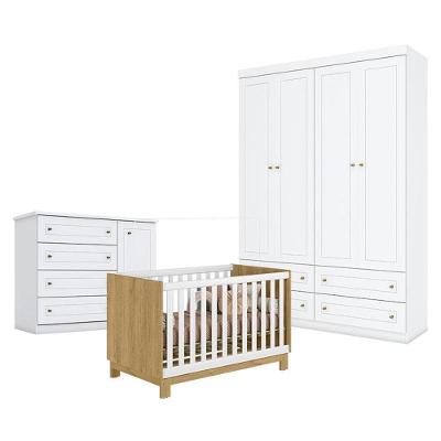 Quarto De Bebê Americano 4 Portas Com Berço Americano Mini Cama Q Encanto Slim Freijó Branco Acetinado - Qmovi - Henn