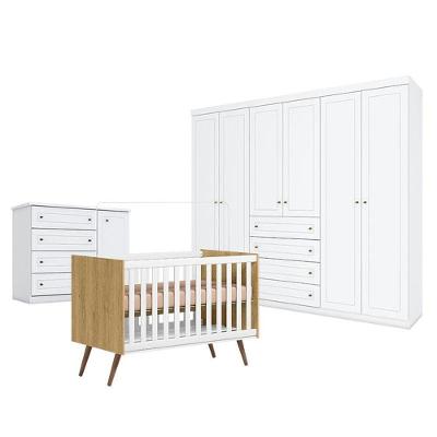 Quarto De Bebê Americano 6 Portas Com Berço Americano Q Encanto 3820 Retrô Freijó Toq Branco Acetinado - Qmovi - Henn