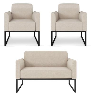 Kit 01 Namoradeira 02 Lugares E 02 Poltronas Marisa Linho Areia A27 Base Industrial Metálica Preto