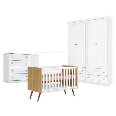 Quarto De Bebê Americano 4 Portas Com Berço Americano Q Encanto 3820 Retrô Freijó Toq Branco Acetinado - Qmovi - Henn