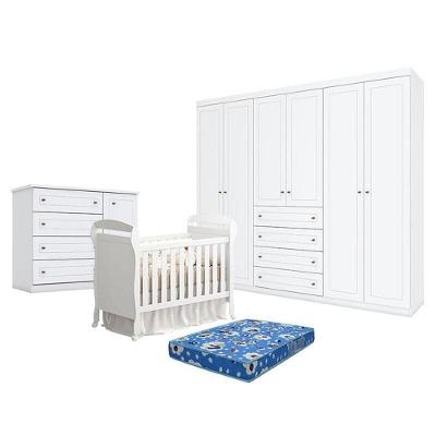 Quarto De Bebê Americano 6 Portas Com Berço Danny Branco Acetinado Reller E Colchão Ortobom - Henn.
