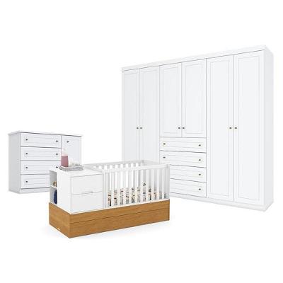 Quarto De Bebê Americano 6 Portas Com Berço Americano Multifuncional Formare Branco Freijó - Matic