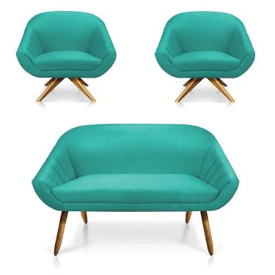 Kit 01 Namoradeira 02 Lugares E 02 Poltronas Giovana Suede Azul Turquesa