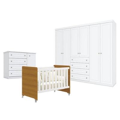 Quarto De Bebê Americano 6 Portas Com Berço Americano Evolution 4 Em 1 Branco Acetinado Savana Reller - Henn
