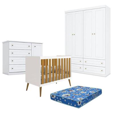 Quarto De Bebê Americano 4 Portas Com Berço Americano Isis Branco Acetinado Savana E Colchão Ortobom - Reller - Henn