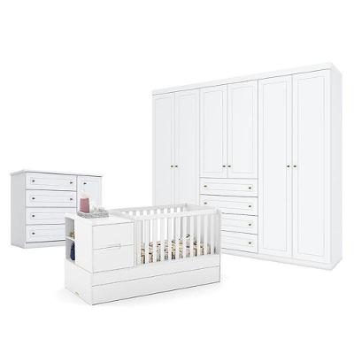 Quarto De Bebê Americano 6 Portas Com Berço Americano Multifuncional Formare Branco Acetinado - Matic - Henn