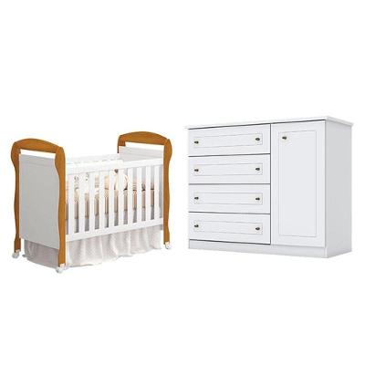 Berço Americano Danny Branco Acetinado Savana Reller E Cômoda Infantil Americana Branco Hp- Henn.
