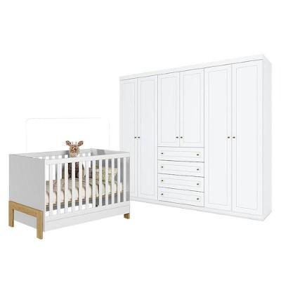 Berço Americano Mini Cama Fantasia Branco Acetinado - Qmovi  E Guarda Roupa Casal Americano 6 Portas Branco Hp - Henn
