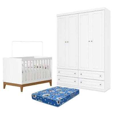 Berço Americano Flip Branco Acetinado Reller E Guarda Roupa Infantil 4 Portas Branco Hp E Colchão Ortobom - Henn