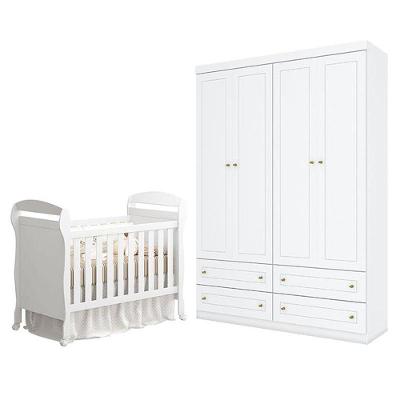 Berço Americano Danny Branco Acetinado Reller E Guarda Roupa Infantil 4 Portas Americano Branco Hp - Henn.