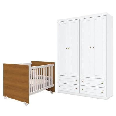Berço Nacional Mel Branco Savana - Reller E Guarda Roupa Infantil Americano 4 Portas Branco Hp - Henn