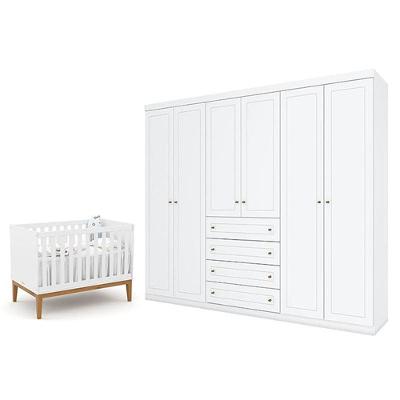 Berço Americano Unique Branco Soft Eco Wood - Matic E Guarda Roupa Casal Americano 6 Portas Branco Hp - Henn