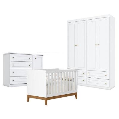 Quarto De Bebê Americano 4 Portas Com Berço Americano Flip Branco Acetinado Reller - Henn