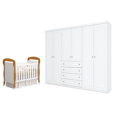 Berço Americano Danny Branco Acetinado Savana Reller E Guarda Roupa Casal Americano 6 Portas Branco Hp - Henn.