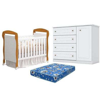 Berço Americano Danny Branco Acetinado Savana Reller E Cômoda Infantil Americana Branco Hp E Colchão Ortobom - Henn.
