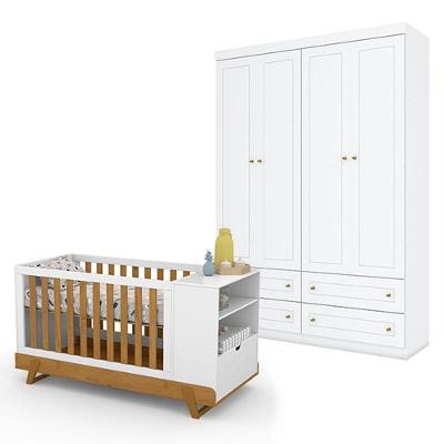 Berço Multifuncional Bkids Branco Freijó Eco Wood - Matic E Guarda Roupa Infantil Americano 4 Porta Branco Hp - Henn