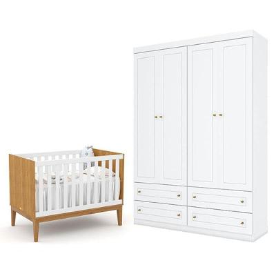 Berço Americano Unique Freijó Branco Soft  Eco Wood - Matic E Guarda Roupa Infantil Americano 4 Porta Branco Hp - Henn