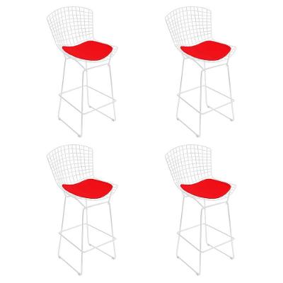 Kit 4 Banquetas Bistrô Bertoia Branca D80 Com Assento Vermelho