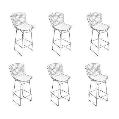 Kit 6 Banquetas Bistrô Bertoia Cromada D60 Com Assento Sintético Branco