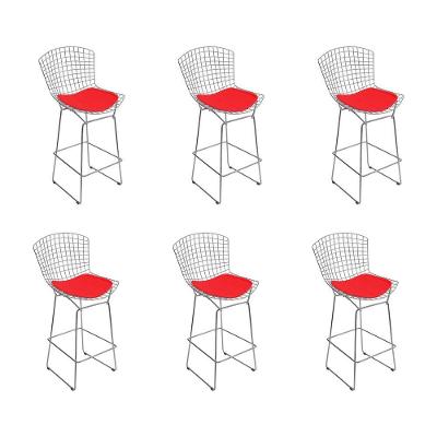 Kit 6 Banquetas Bistrô Bertoia Cromada D80 Com Assento Sintético Vermelho