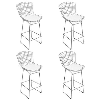 Kit 4 Banquetas Alta Bistrô Alta Bistrô Bertoia Cromada D60 Com Assento Sintético Branco