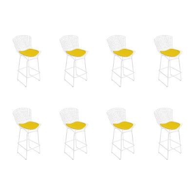 Kit 8 Banquetas Bistrô Bertoia Branca D70 Com Assento Amarelo