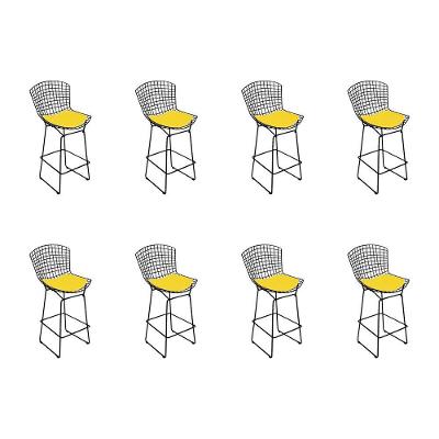 Kit 8 Banquetas Bistrô Bertoia Preta D60 Com Assento Amarelo