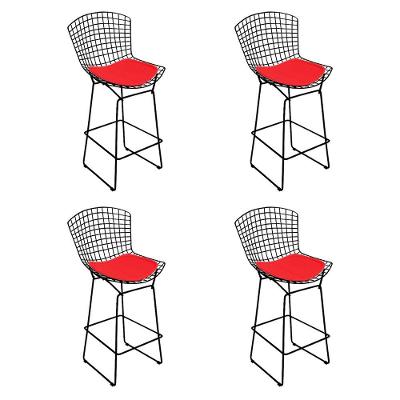 Kit 4 Banquetas Bistrô Bertoia Preta D60 Com Assento Vermelho