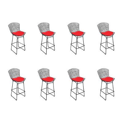 Kit 8 Banquetas Bistrô Bertoia Preta D80 Com Assento Vermelho