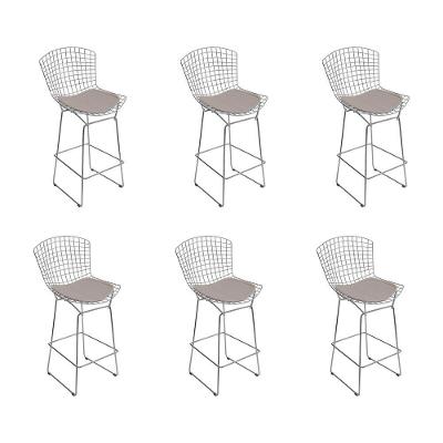 Kit 6 Banquetas Bistrô Bertoia Cromada D80 Com Assento Sintético Bege