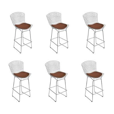Kit 6 Banquetas Bistrô Bertoia Cromada D70 Com Assento Sintético Marrom
