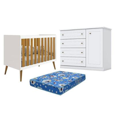 Berço Americano Isis Branco Acetinado Savana - Reller E Cômoda Infantil Americano Branco Hp E Colchão Ortobom - Henn