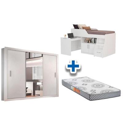Cama Solteiro Bianca II + Pérola Polar + Guarda Roupa Veneza Luxo Branco