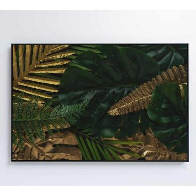 Quadro Folhas Verdes E Douradas 60x40 Cm Vidro Impresso