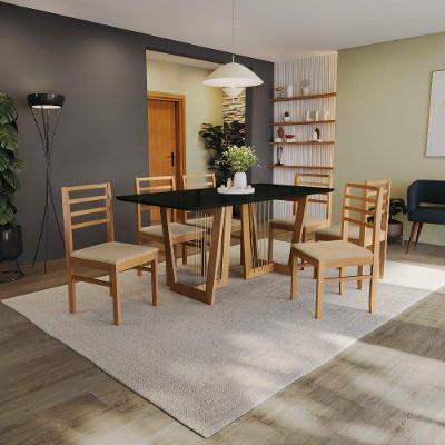 Conjunto Sala De Jantar Elisa Em Madeira Maciça 6 Cadeiras Boucle Bege