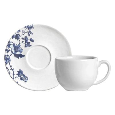 Conjunto de Xícara de Chá com Pires Páscoa Coup Toile Cerâmica Stoneware Branco e Azul Marinho Porto