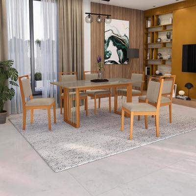 Conjunto Sala De Jantar Lina Em Madeira Maciça 6 Cadeiras Linho Fendi