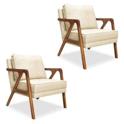 Kit 2 Poltronas Luiza Bege Base Em Madeira Castanho