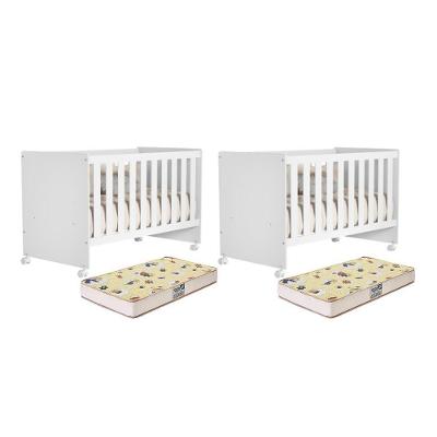 Kit Gêmeos Berço Mel Branco Brilho Com Colchões Supreme - Reller Móveis Branco Brilho