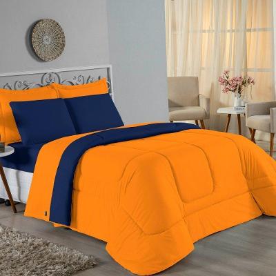 Kit Edredom Dupla Face + Jogo De Lençol Casal Viúva Nobre 6 Peças Malha 100% Algodão - Laranja / Azul-marinho