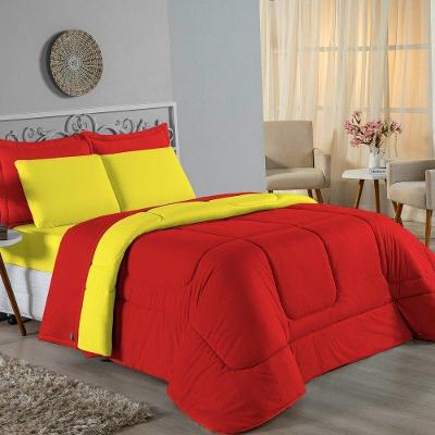 Kit Edredom Dupla Face + Jogo De Lençol Solteiro Nobre 4 Peças Malha 100% Algodão - Vermelho / Amarelo