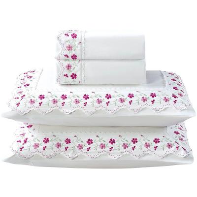 Jogo De Lençol Ricca Casal 4 Peças Micropercal 300 Fios Bordado Floral - Margarida Pink - 100% Poliéster