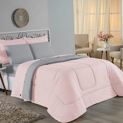 Edredom Queen Nobre 1 Peça Dupla Face 2,40m X 2,60m Malha 100% Algodão - Rosa / Cinza