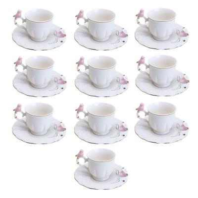 Jogo 10 Xícara De Café Porcelana Rosa E Branca Birds Pássaro Com Pires 100ml Wolff