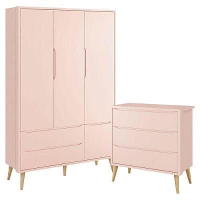 Cômoda Infantil Gaveteiro E Guarda Roupa 3 Portas Theo Rosa Com Pés Madeira Natural - Reller