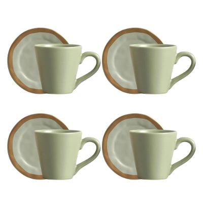 Jogo 4 Xícara De Chá Com Pires De Cerâmica Filete Amassada Verde Scalla 150ml