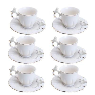 Jogo 6 Xícara De Café Porcelana Birds Branca Fio Dourado Pássaro Com Pires 100ml Wolff