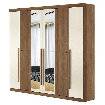 Guarda Roupa Casal Ripado 6 Portas Buriti Jatobá Areia Acetinado Com Espelho - Santos Andirá